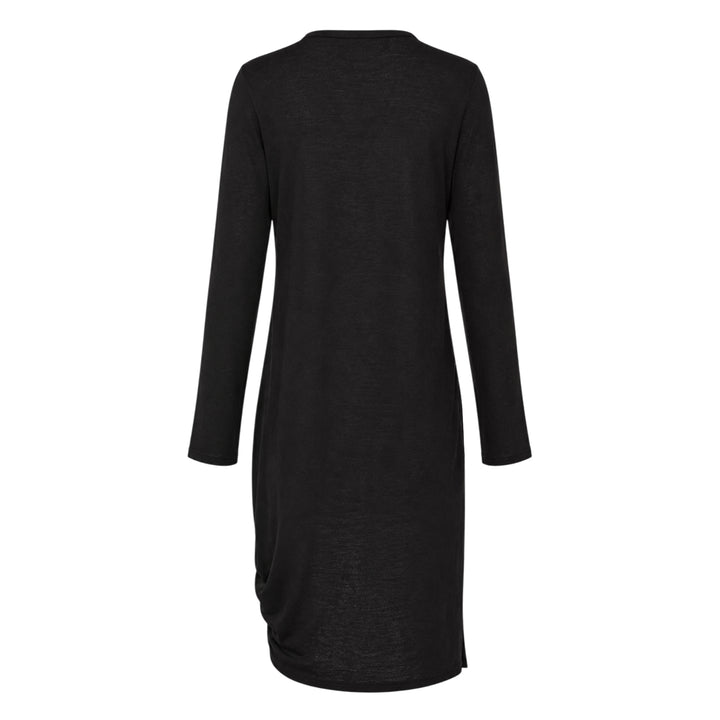 Y's black long-sleeve crew-neck knit top with asymmetric draped panel, vertical shell buttons, and adjustable drawstring tie creating a ruched sculptural effect - view 2