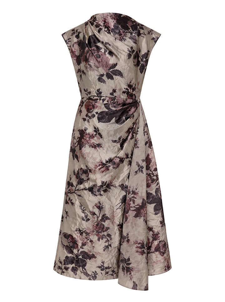 Erdem textured satin midi dress with a muted rose print, draped neckline, cap sleeves and cascading side drape