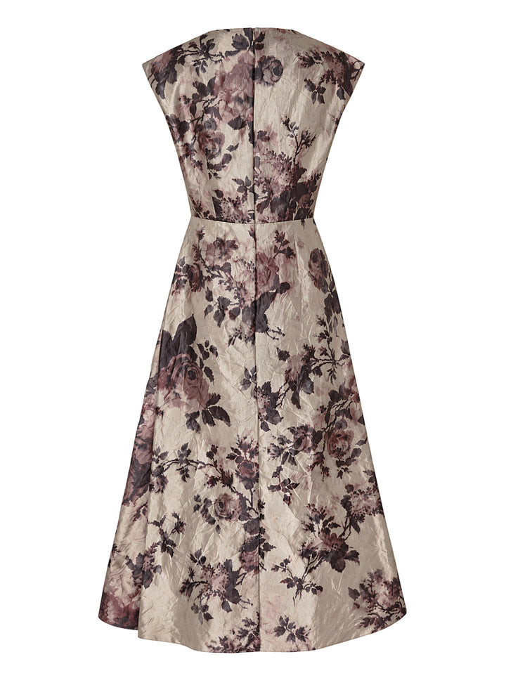 Erdem textured satin midi dress with a muted rose print, draped neckline, cap sleeves and cascading side drape - view 2