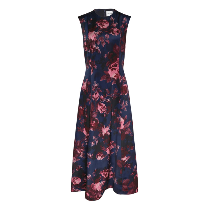 Erdem Duchess Sleeveless Midi Dress in navy floral jacquard with crimson and blush rose print, crew neckline, and full flared midi skirt