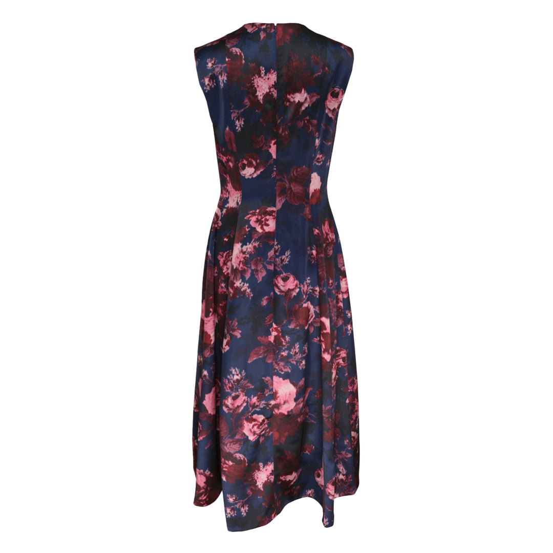 Erdem Duchess Sleeveless Midi Dress in navy floral jacquard with crimson and blush rose print, crew neckline, and full flared midi skirt