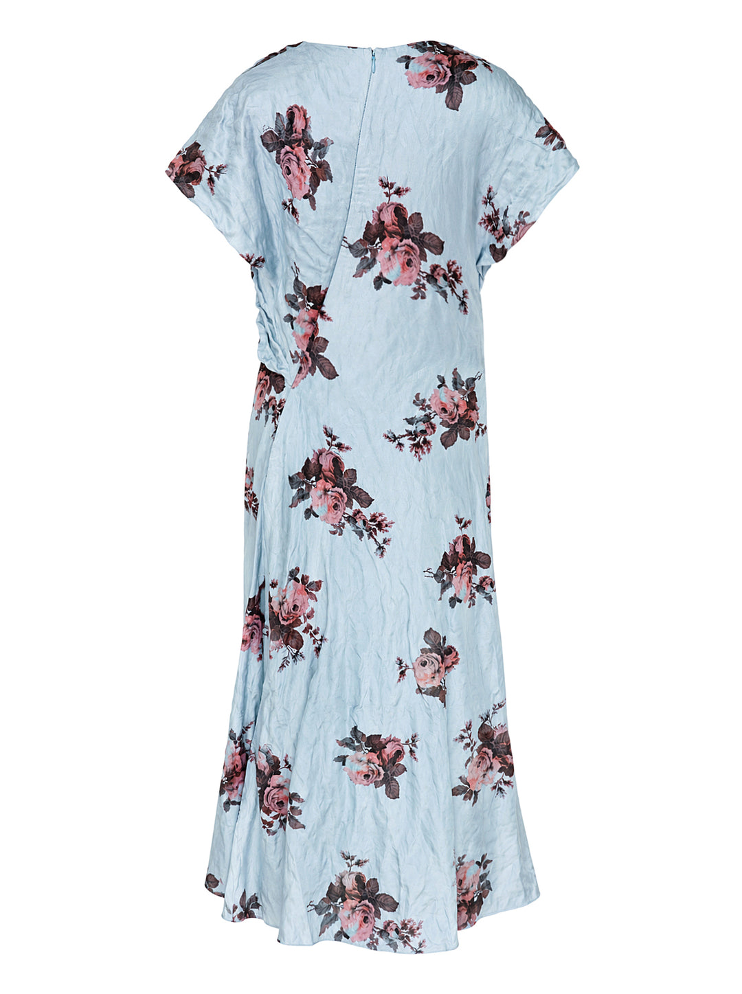 Erdem short sleeve midi dress in pale blue crinkled fabric with a pink and burgundy rose print, blouson bodice and flared hem - view 2
