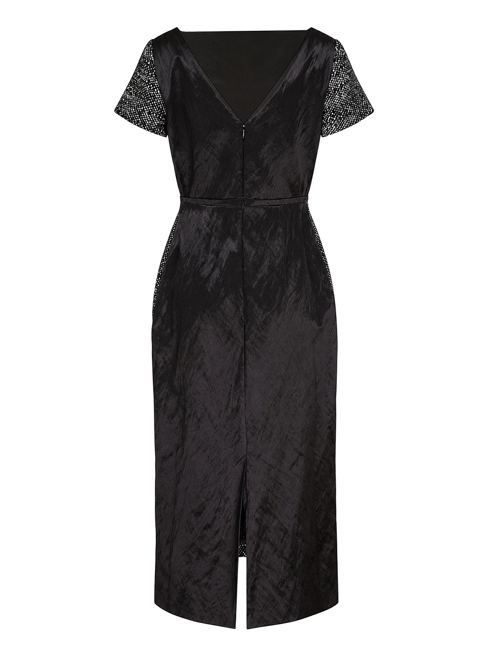 Erdem salt and pepper wool short sleeve midi dress with black floral appliqué, boat neckline and bow belt - view 2