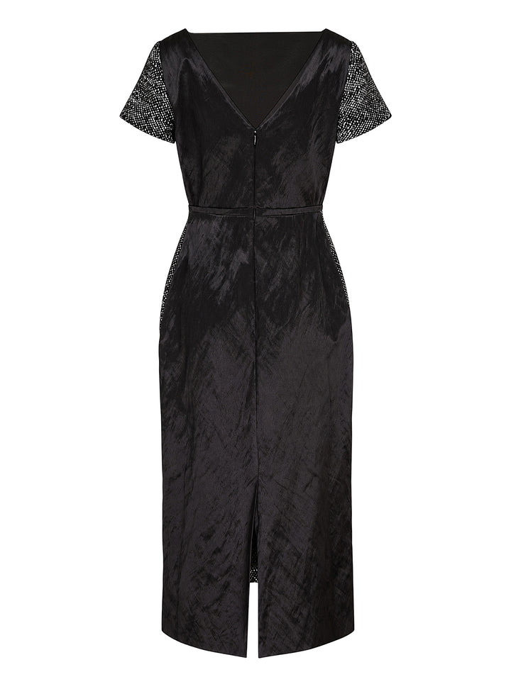 Erdem salt and pepper wool short sleeve midi dress with black floral appliqué, boat neckline and bow belt - view 2