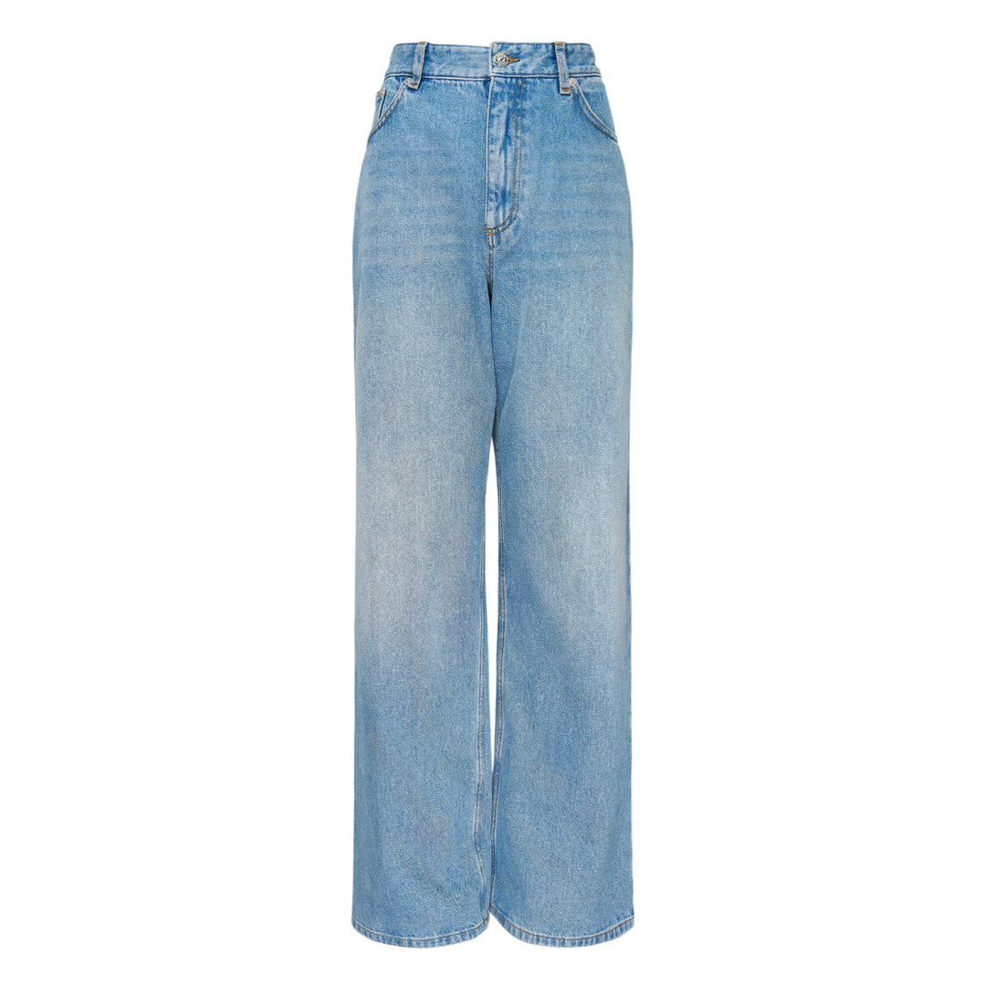 Erdem Embroidered Denim Straight Jeans in light-wash blue, featuring a high-rise waistband and wide straight-leg silhouette, front view on white background