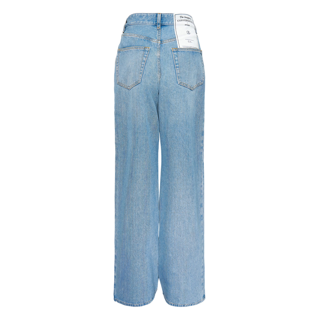Erdem Embroidered Denim Straight Jeans in light-wash blue, featuring a high-rise waistband and wide straight-leg silhouette, front view on white background