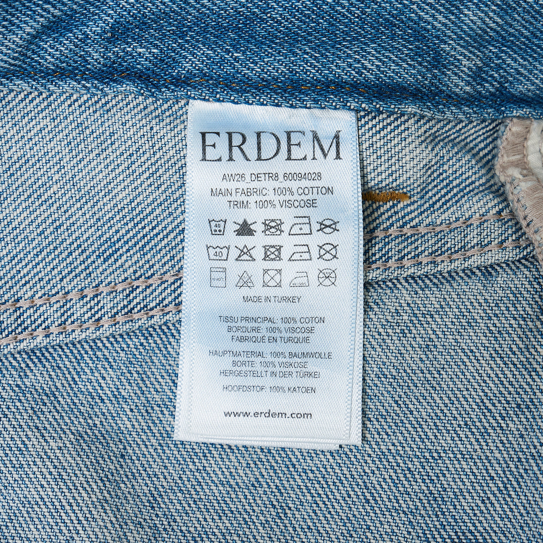 Erdem Embroidered Denim Straight Jeans in light-wash blue, featuring a high-rise waistband and wide straight-leg silhouette, front view on white background