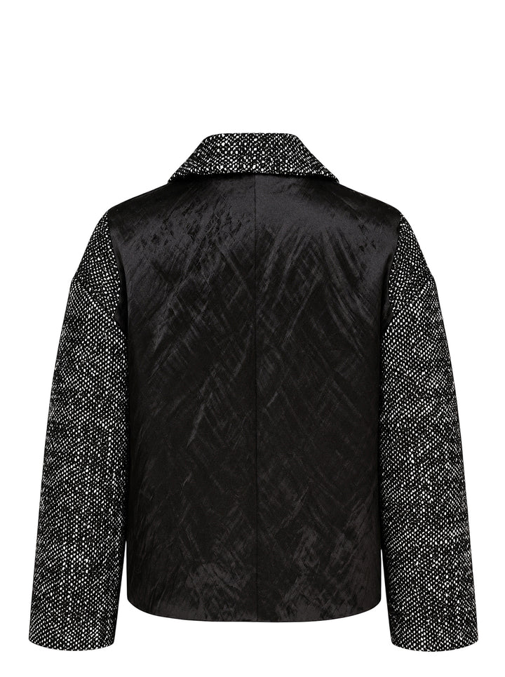 Erdem cropped jacket in salt-and-pepper wool tweed with notched lapels, three black buttons, flap pockets and a black botanical appliqué on the front - view 2