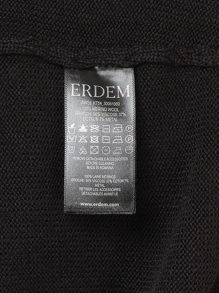 Erdem black merino wool cardigan with button-down front and a pink embellished ribbon bow draped from the neckline - view 3