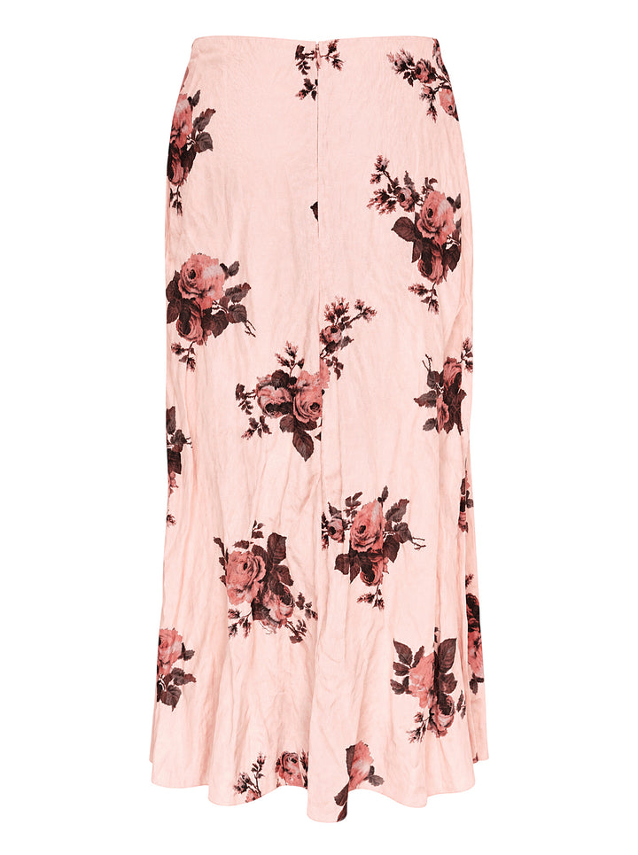 Erdem pink crushed satin midi skirt with all-over burgundy and coral rose print and draped flared hem - view 2