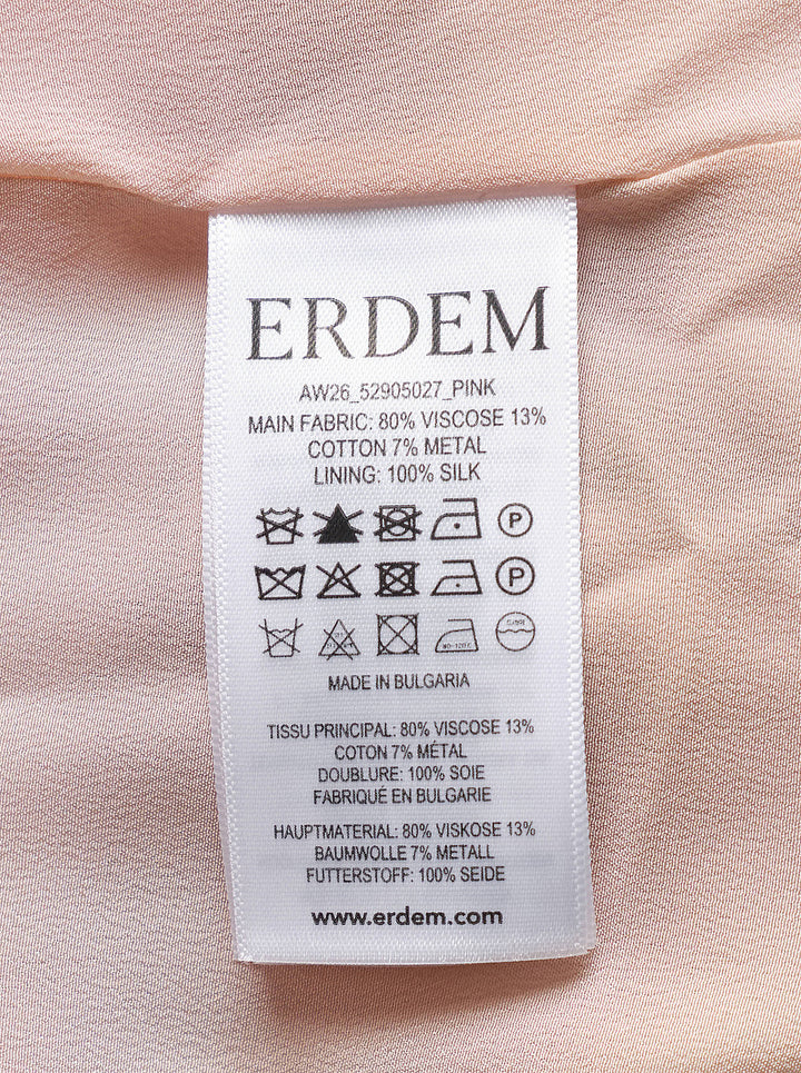 Erdem pink crushed satin midi skirt with all-over burgundy and coral rose print and draped flared hem - view 3
