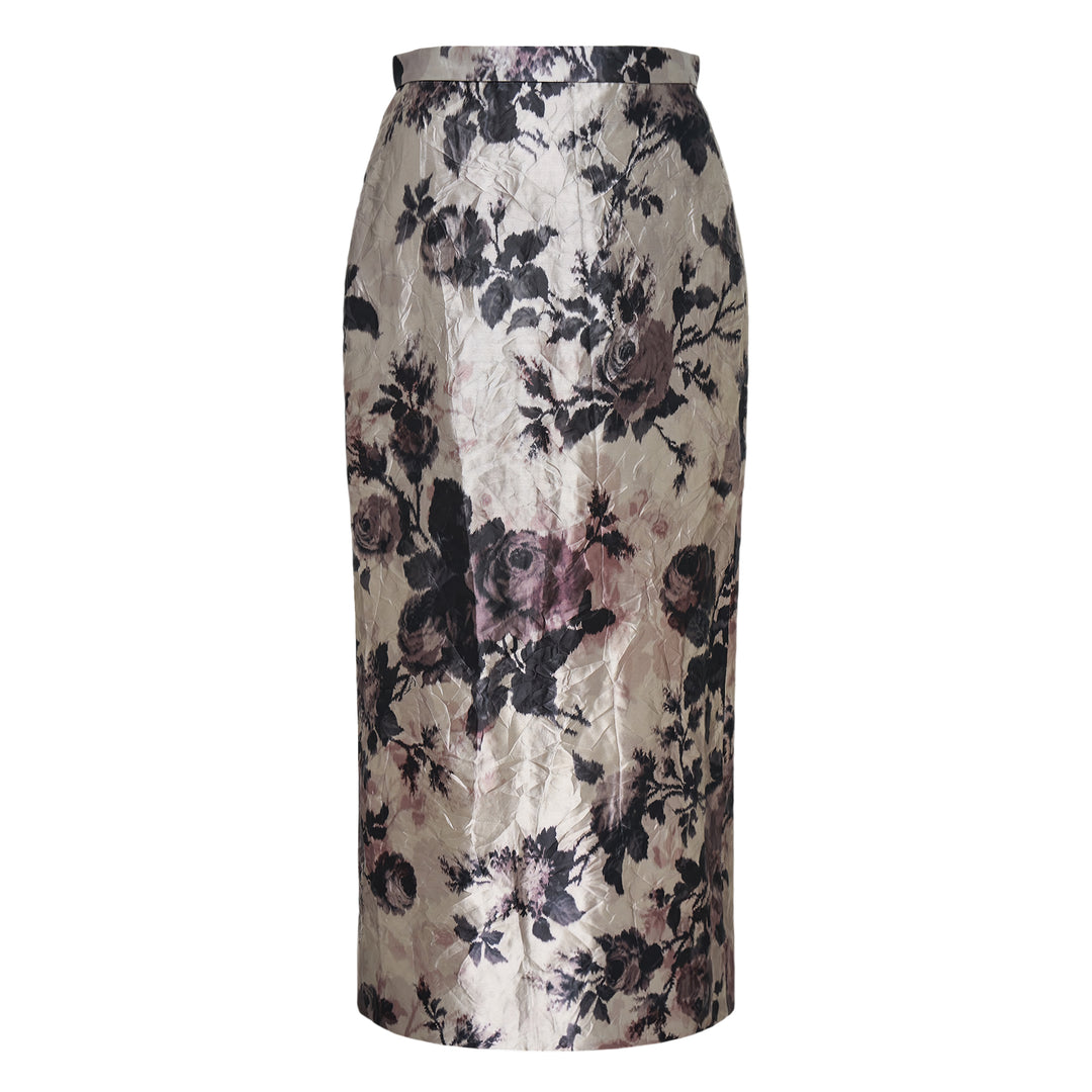Erdem textured satin pencil midi skirt featuring an allover moody rose floral print in charcoal, dusty mauve, and ivory on a crinkled satin ground, with a high waistband and figure-skimming silhouette
