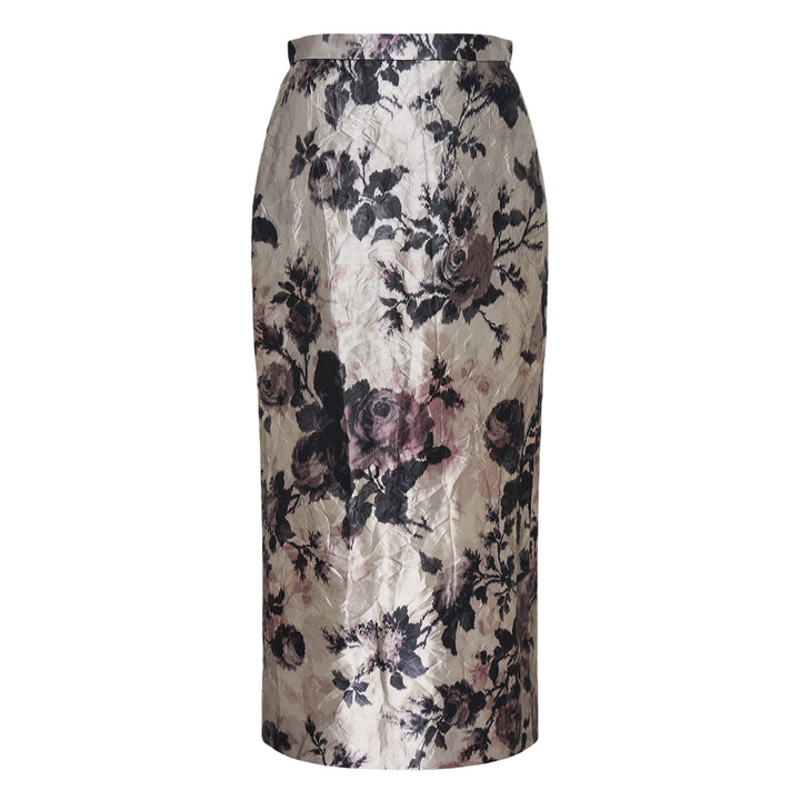 Erdem textured satin pencil midi skirt featuring an allover moody rose floral print in charcoal, dusty mauve, and ivory on a crinkled satin ground, with a high waistband and figure-skimming silhouette