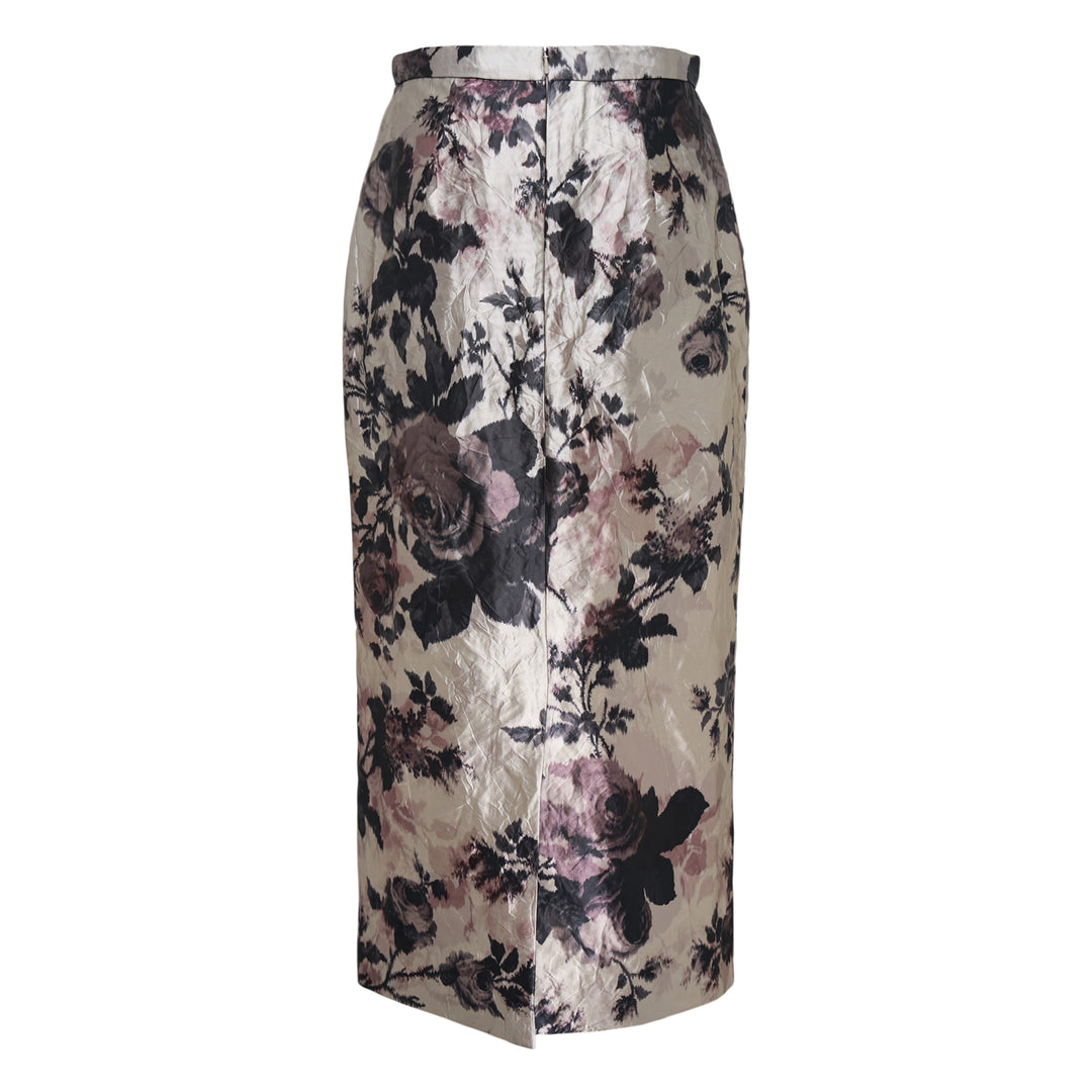 Erdem textured satin pencil midi skirt featuring an allover moody rose floral print in charcoal, dusty mauve, and ivory on a crinkled satin ground, with a high waistband and figure-skimming silhouette