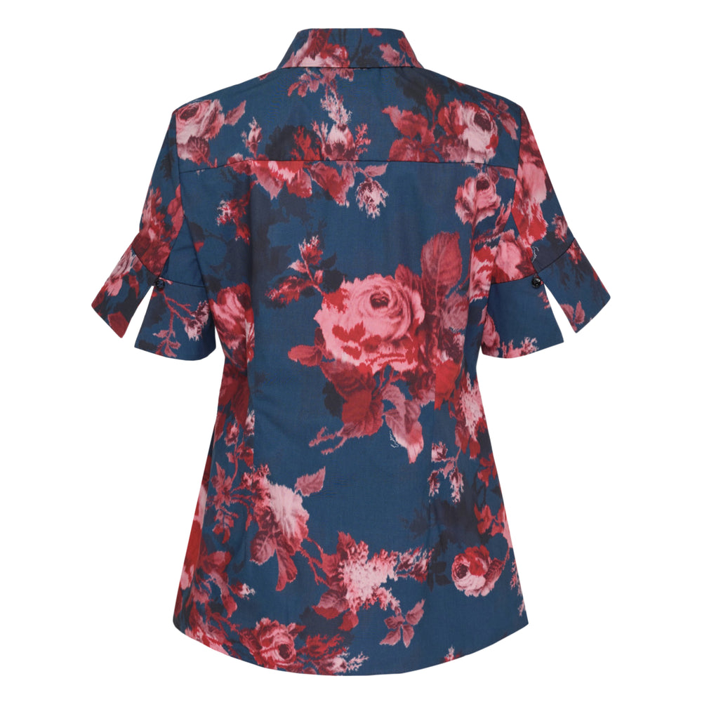 Erdem navy cotton poplin short sleeve blouse with large-scale crimson and blush rose floral print, flutter ruffle cuffs, and dark button-through front placket