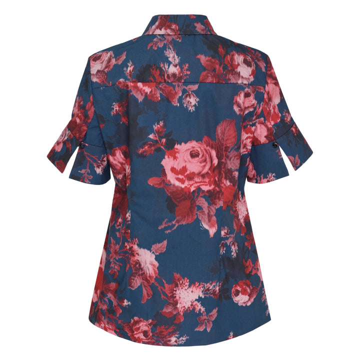 Erdem navy cotton poplin short sleeve blouse with large-scale crimson and blush rose floral print, flutter ruffle cuffs, and dark button-through front placket