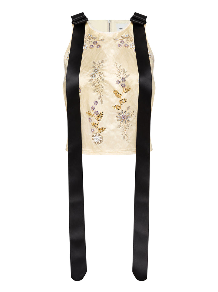 Erdem cream satin sleeveless top with floral crystal embellishment and long black satin ribbon straps at the shoulders