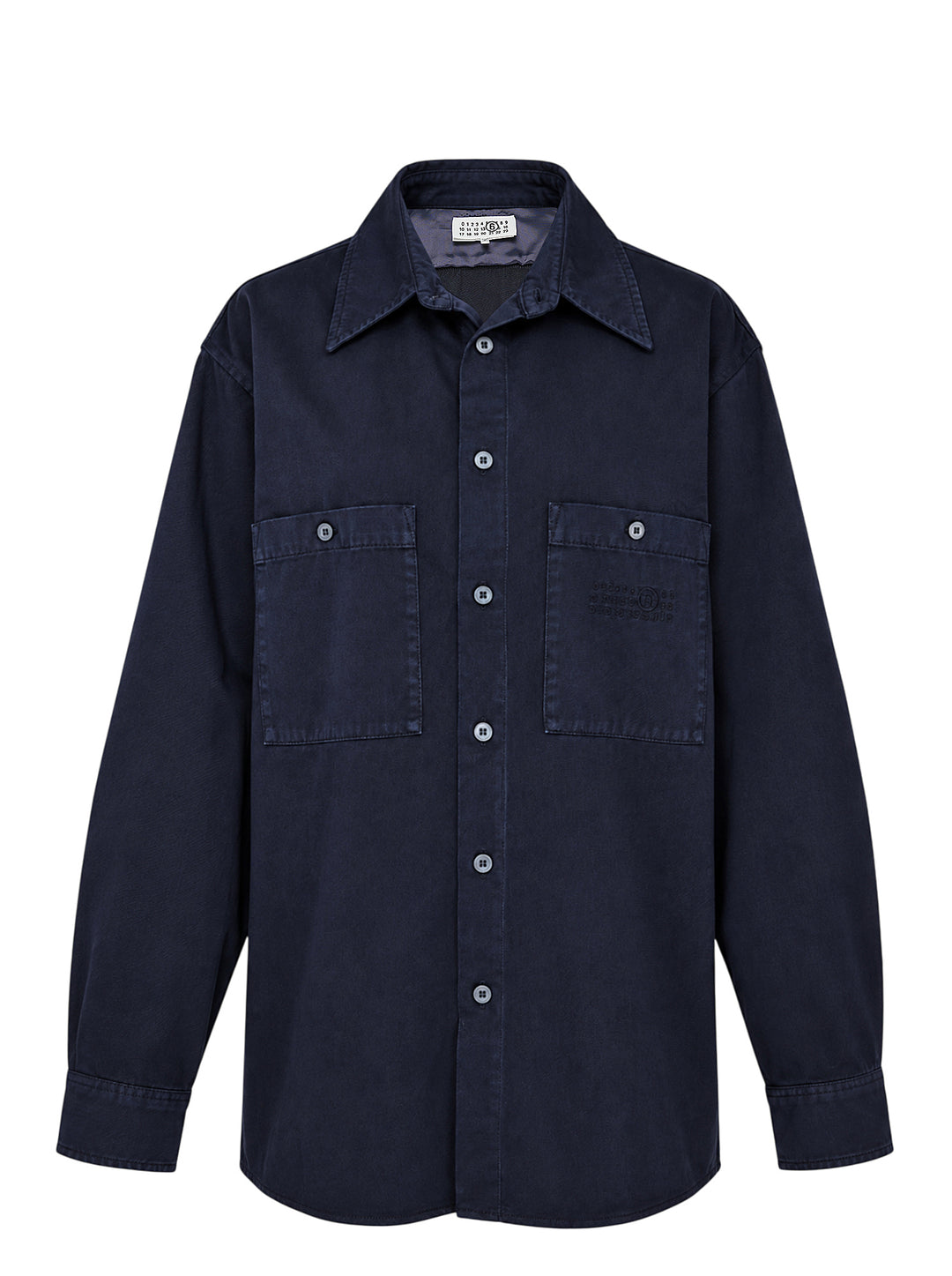 MM6 Maison Margiela overdyed long sleeve shirt in faded navy with button front, pointed collar and two oversized chest pockets