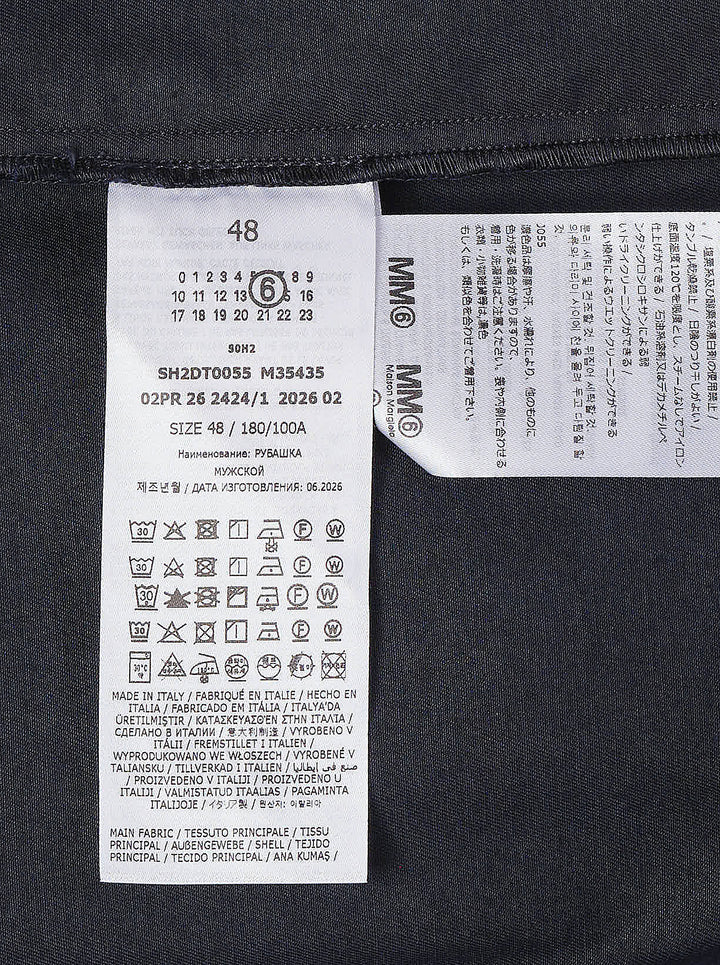 MM6 Maison Margiela overdyed long sleeve shirt in faded navy with button front, pointed collar and two oversized chest pockets - view 3