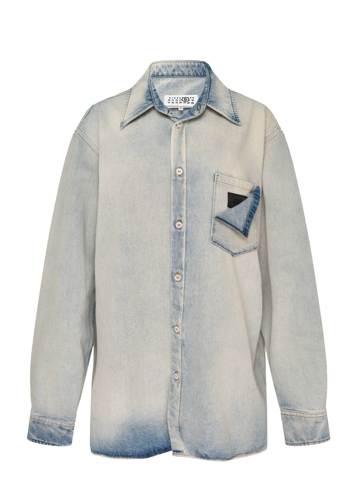 MM6 oversized faded blue denim long sleeve shirt with pointed collar, button placket and folded chest pocket detail
