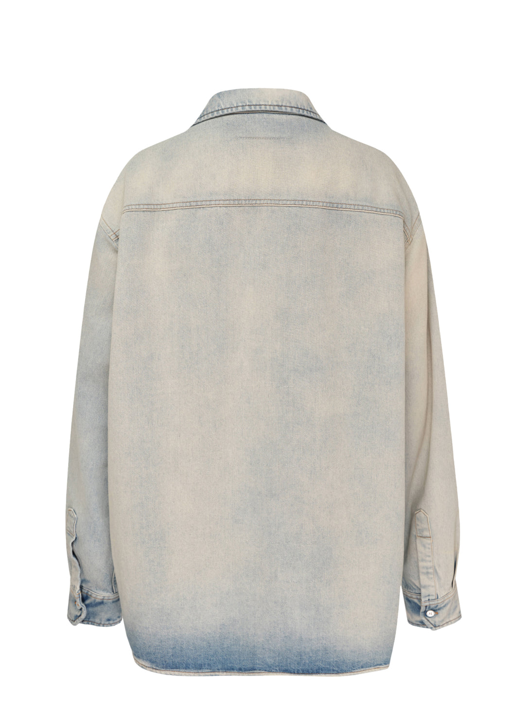 MM6 oversized faded blue denim long sleeve shirt with pointed collar, button placket and folded chest pocket detail - view 2