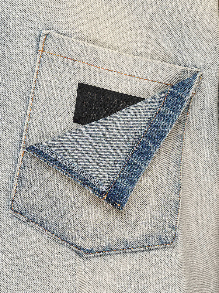 MM6 oversized faded blue denim long sleeve shirt with pointed collar, button placket and folded chest pocket detail - view 3