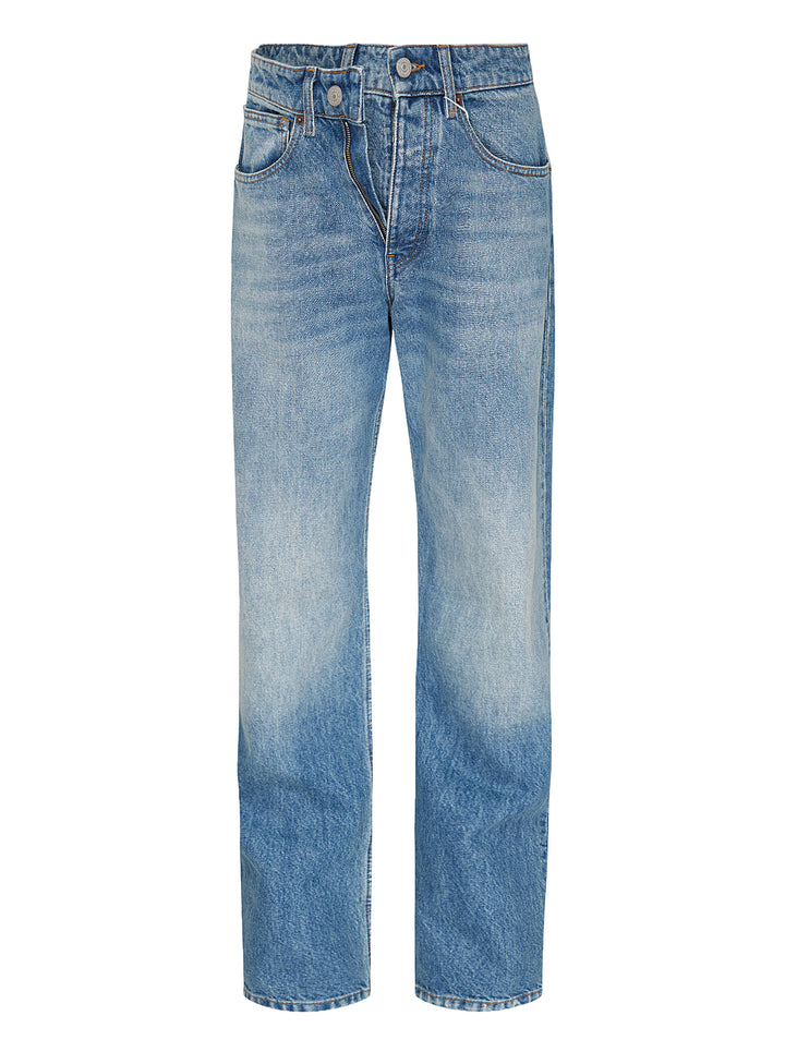 MM6 Maison Margiela light wash blue straight-leg jeans with a deconstructed asymmetric waistband and button fly, shown front view - view 2