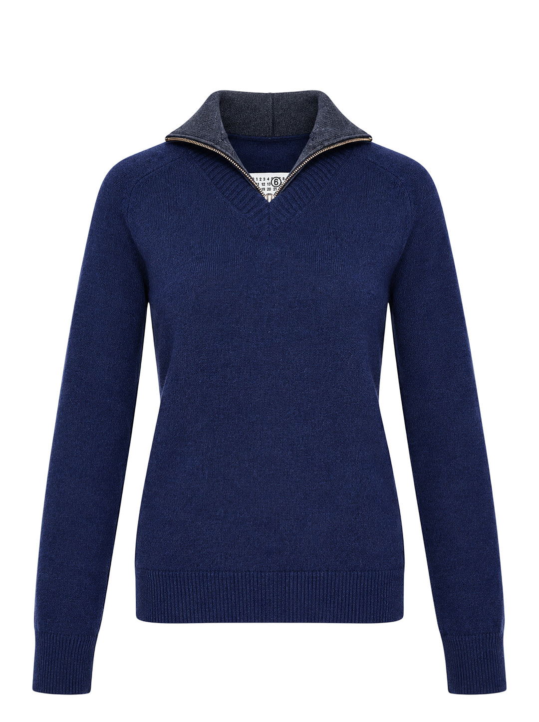 MM6 Maison Margiela navy knit pullover with V-neckline, contrast grey zip inner collar and ribbed cuffs and hem