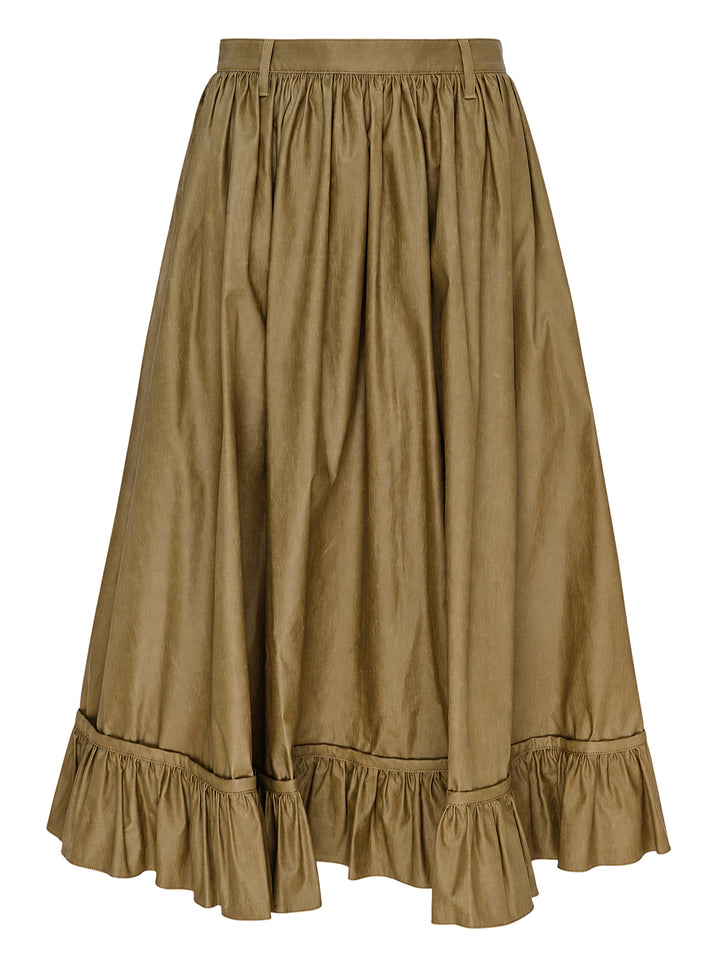 MM6 Maison Margiela coated cotton trench midi skirt with gathered waist and ruffled hem, shown from the front