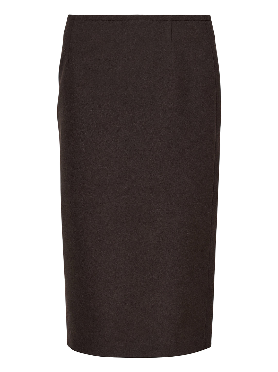MM6 Maison Margiela dark brown wool felt midi skirt with a fitted pencil silhouette, shown from the front