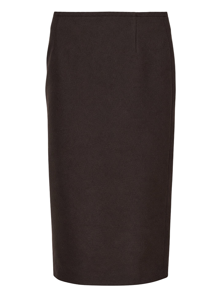 MM6 Maison Margiela dark brown wool felt midi skirt with a fitted pencil silhouette, shown from the front