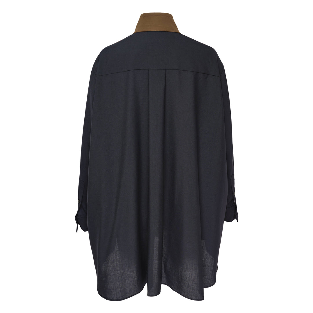sacai Suiting x Crepe Back Satin Shirt in khaki and navy, featuring four flap cargo pockets, stand collar, and contrast long sleeves in a relaxed oversized silhouette - view 2
