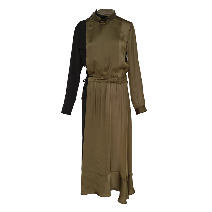 sacai Crepe Back Satin x Satin midi dress in olive and black, featuring an asymmetric contrast panel on one sleeve, mock neck collar, drawstring waist, and ruffled hem