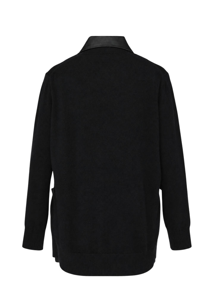 sacai Suiting x Wool Knit Cardigan in black, featuring satin-faced peaked lapels, double-breasted button fastening, and a hybrid suiting and wool knit construction, shown on a flat lay against a white background - view 2