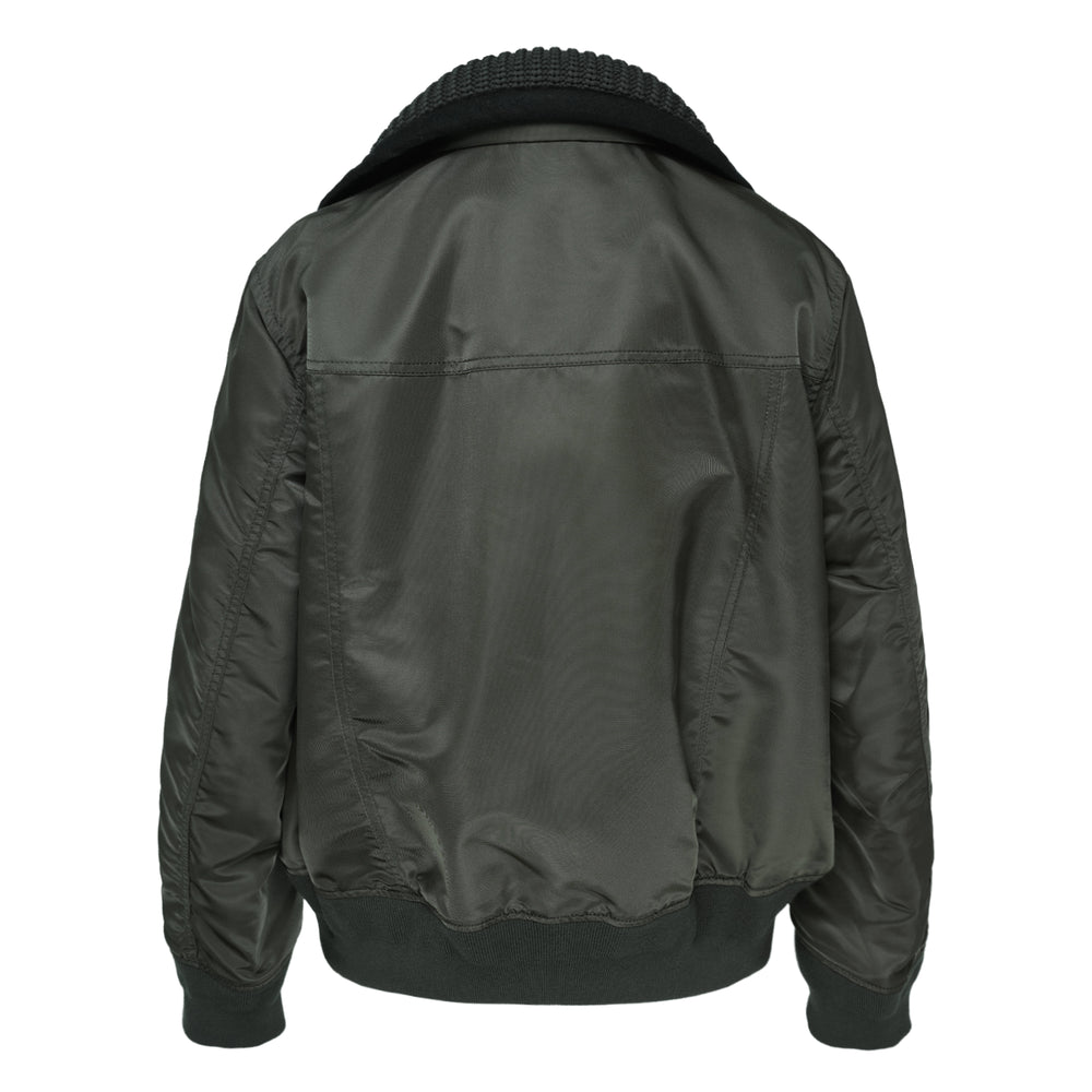 sacai Nylon Twill x Wool Melton Blouson in olive green, featuring an oversized ribbed knit collar, contrast black wool patch pockets, eyelet hardware detail, and orange satin lining at the collar reverse - view 2