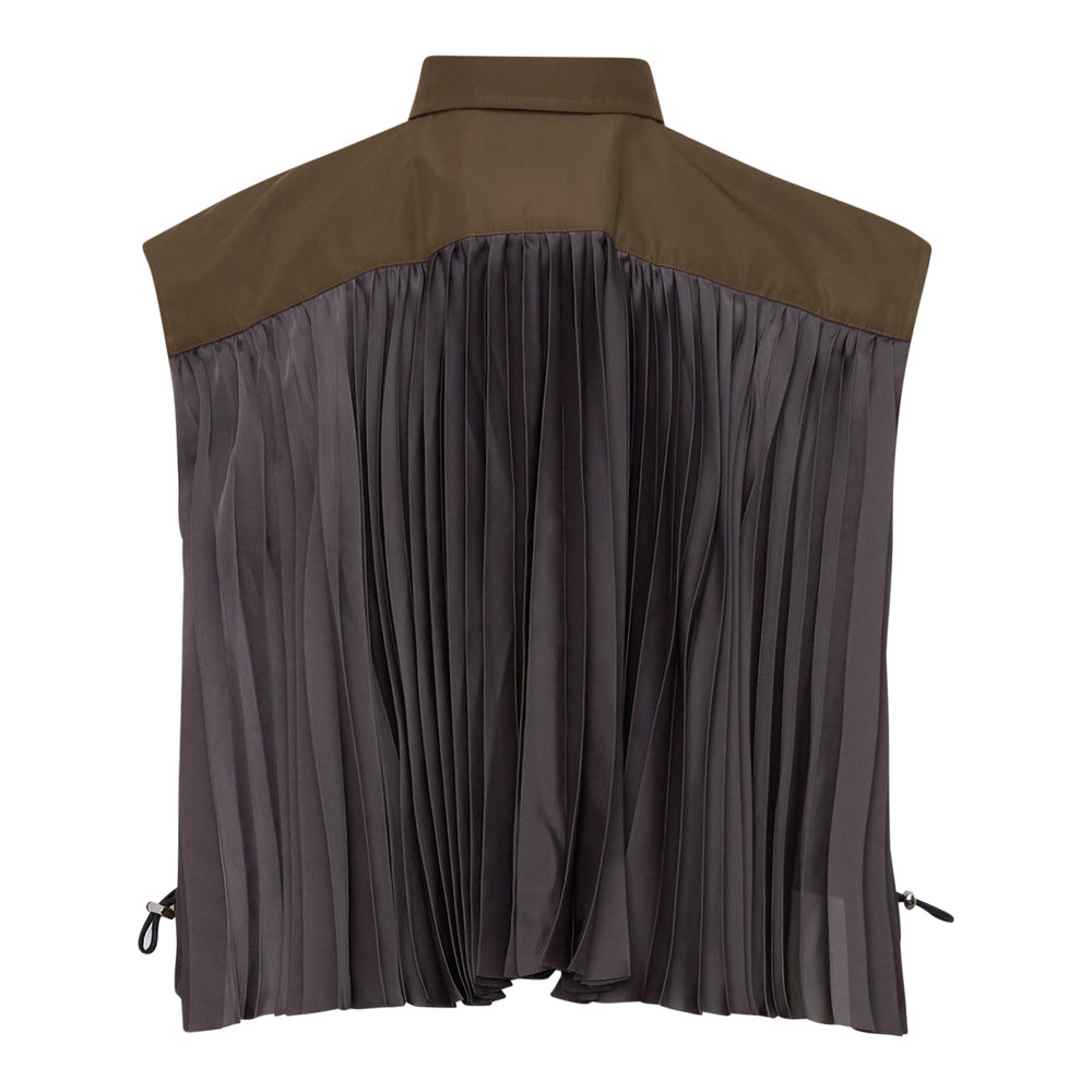 sacai Taffeta Bonding x Satin sleeveless cargo vest in olive brown, featuring a button-through front, spread collar, two large flap chest pockets, and adjustable drawcord hem with carabiner hardware - view 2