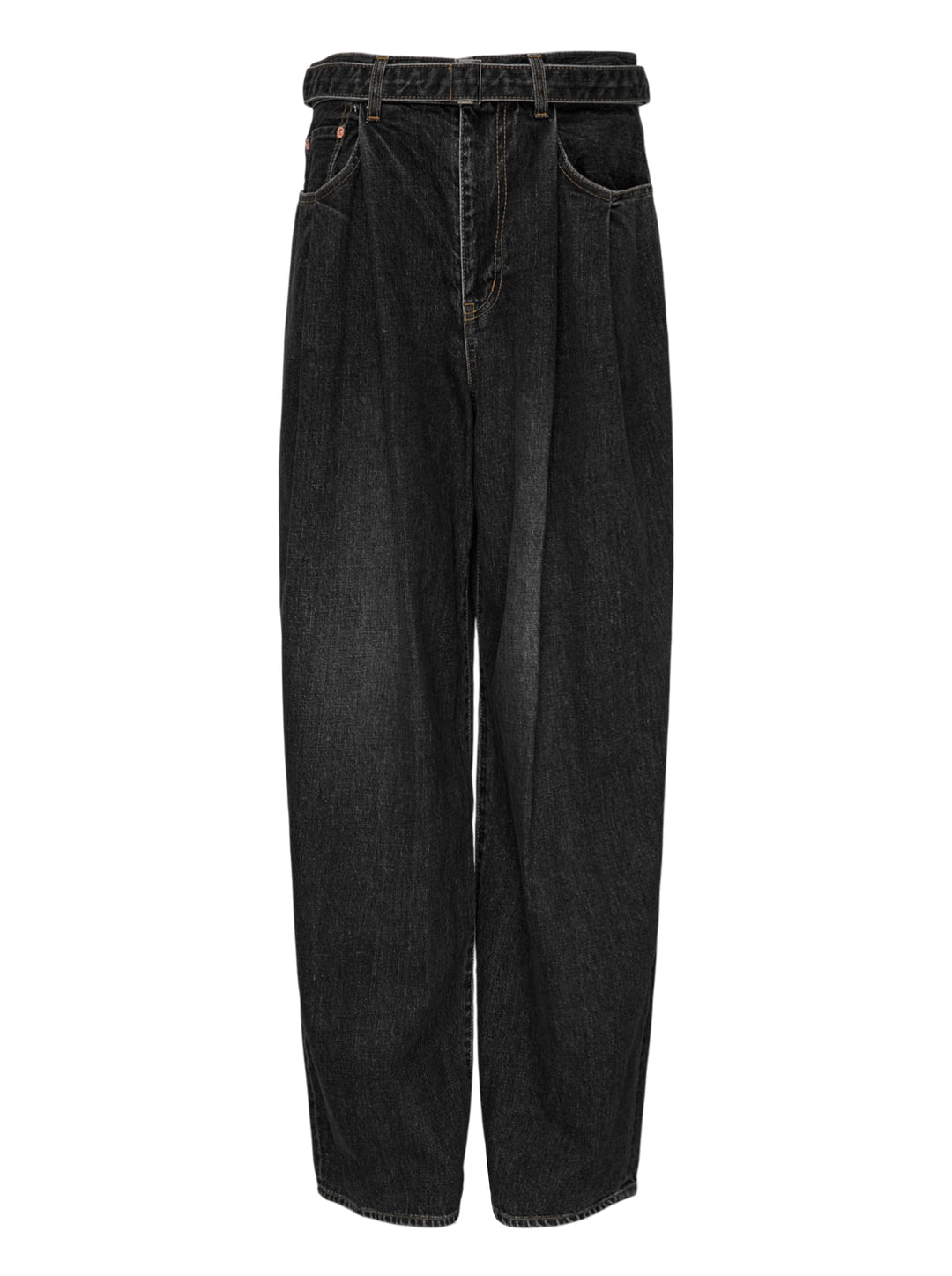 sacai belted wide-leg barrel jeans in washed black denim with deep front pleats, contrast stitching, and tapered hem, photographed flat on white background
