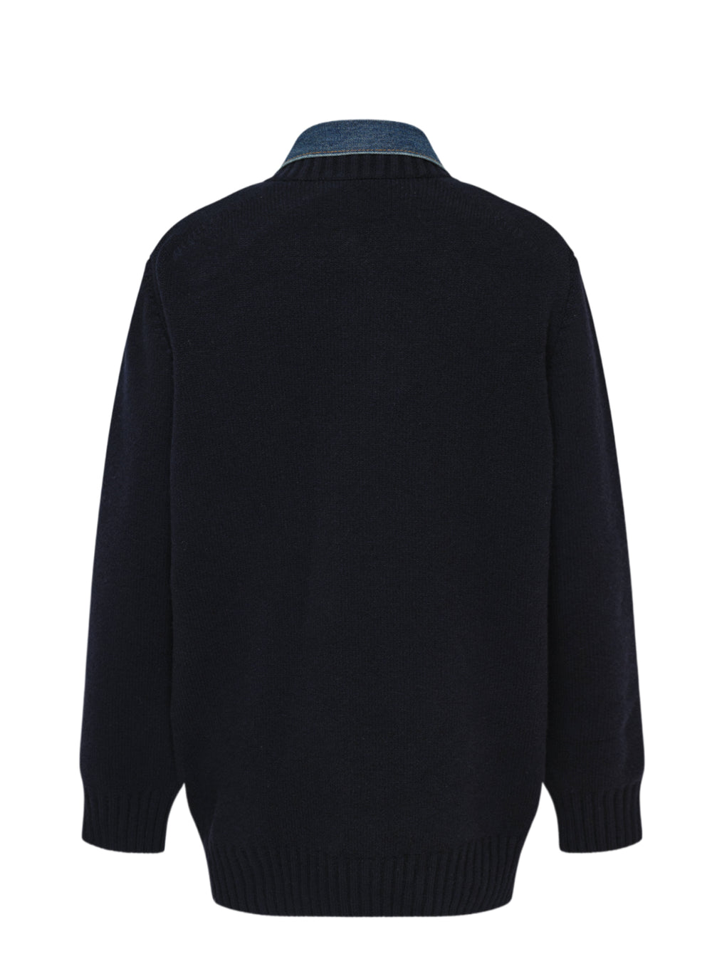 sacai Denim Contrast Wool Knit Cardigan in navy, featuring an indigo denim collar, double chest patch pockets with snap closures, and a button-front fastening - view 2