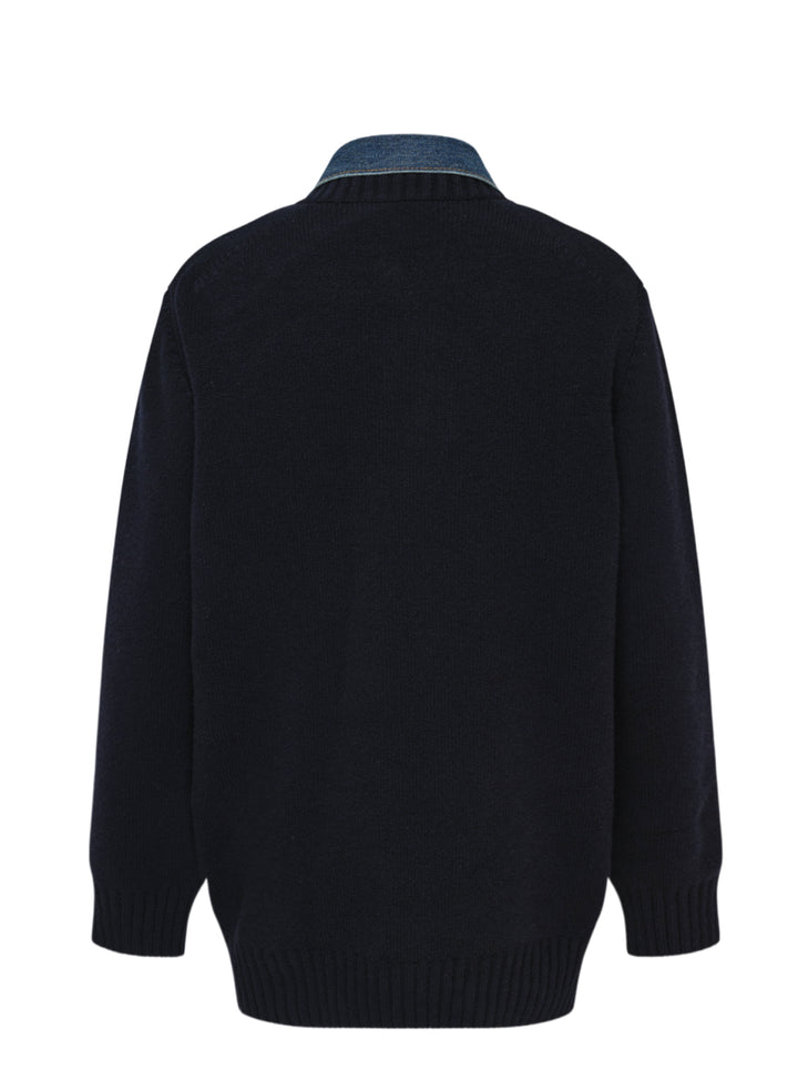sacai Denim Contrast Wool Knit Cardigan in navy, featuring an indigo denim collar, double chest patch pockets with snap closures, and a button-front fastening - view 2