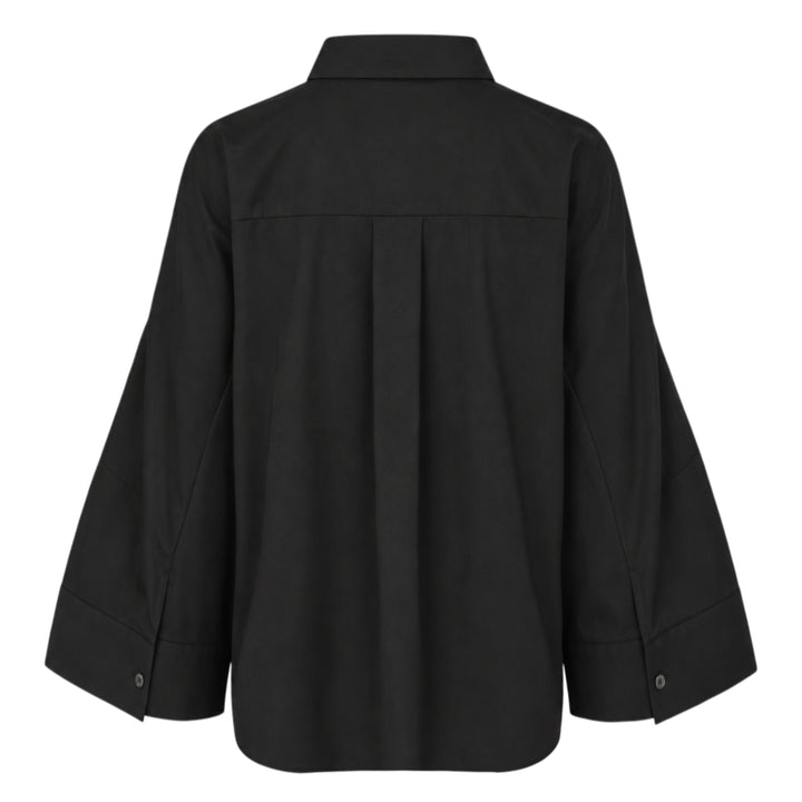 sacai Wide Sleeve Poplin Shirt in black, featuring a concealed button placket, point collar, flared long sleeves with deep cuffs, a chest patch pocket, and twin lower patch pockets - view 2