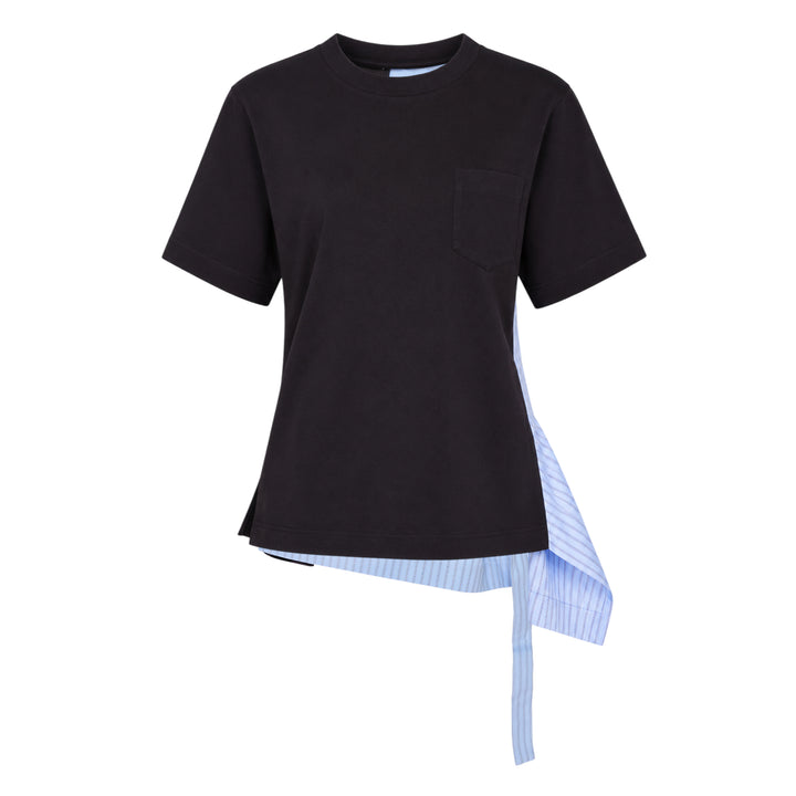 sacai Poplin x Cotton Jersey T-Shirt in black with asymmetric blue pinstripe poplin panel draped at the side hem, crew neck, short sleeves, and chest pocket