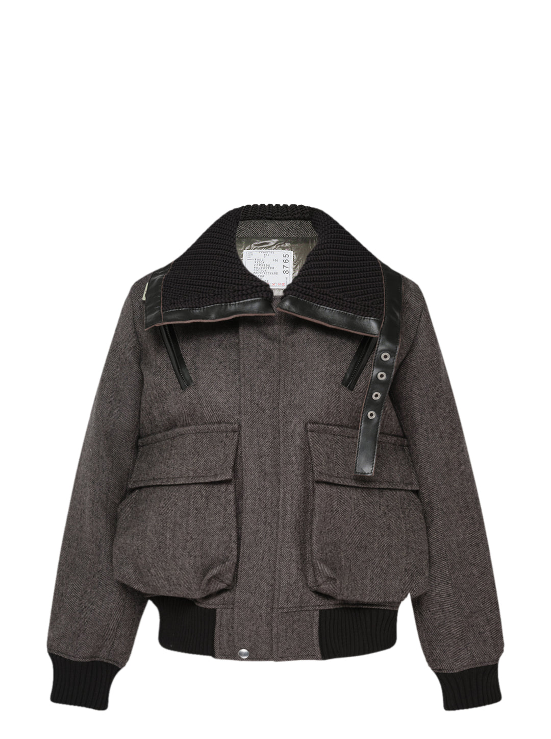 sacai double-faced herringbone bomber jacket in grey with black chunky knit collar, leather trim, asymmetric snap placket, and ribbed cuffs and hem