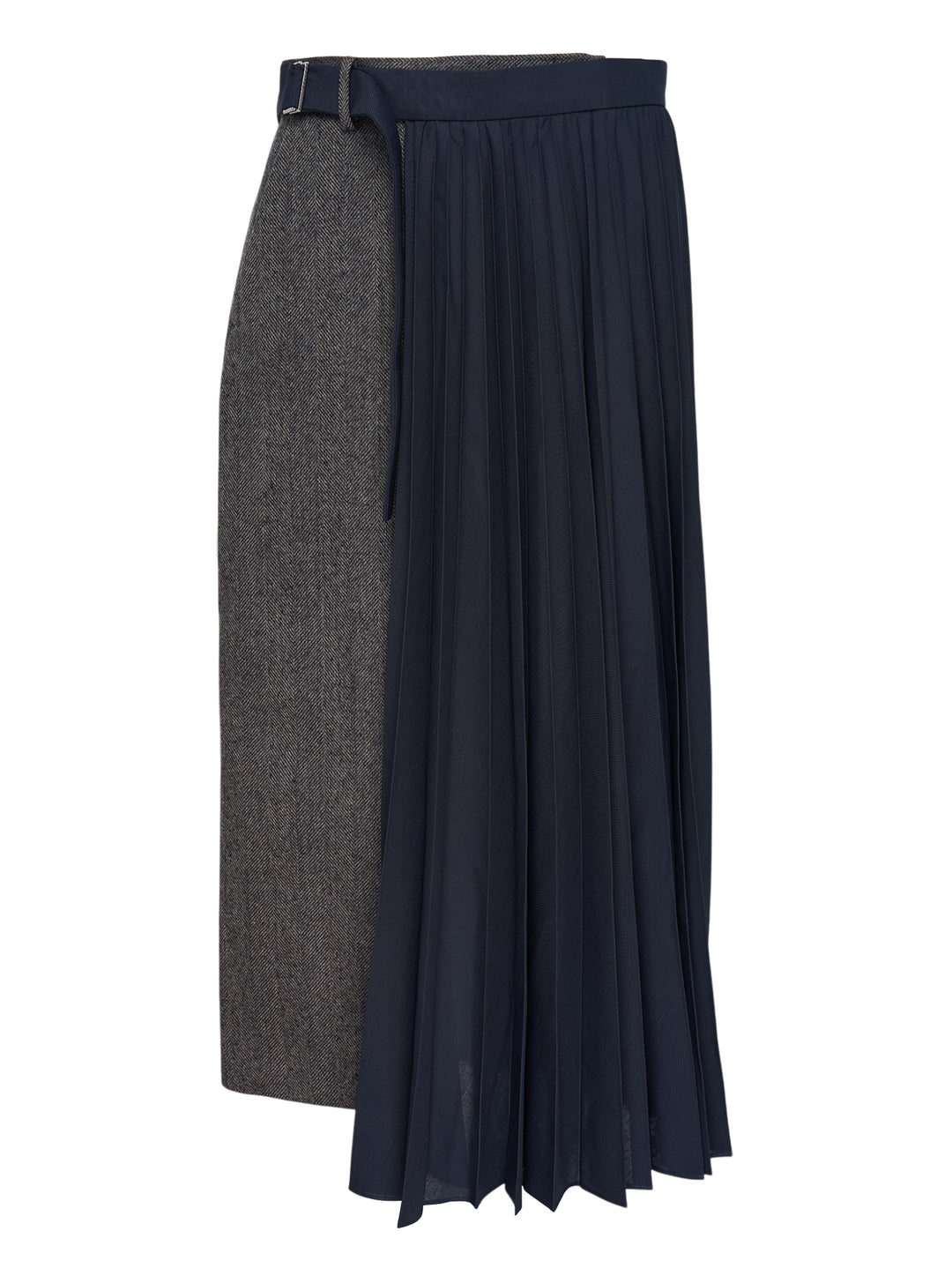 sacai herringbone pleated midi skirt combining a grey herringbone tweed panel with fluid knife-pleated navy fabric and a silver-tone belt buckle at the waistband