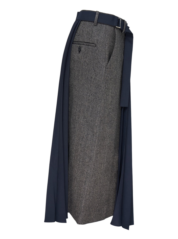 sacai herringbone pleated midi skirt combining a grey herringbone tweed panel with fluid knife-pleated navy fabric and a silver-tone belt buckle at the waistband - view 3