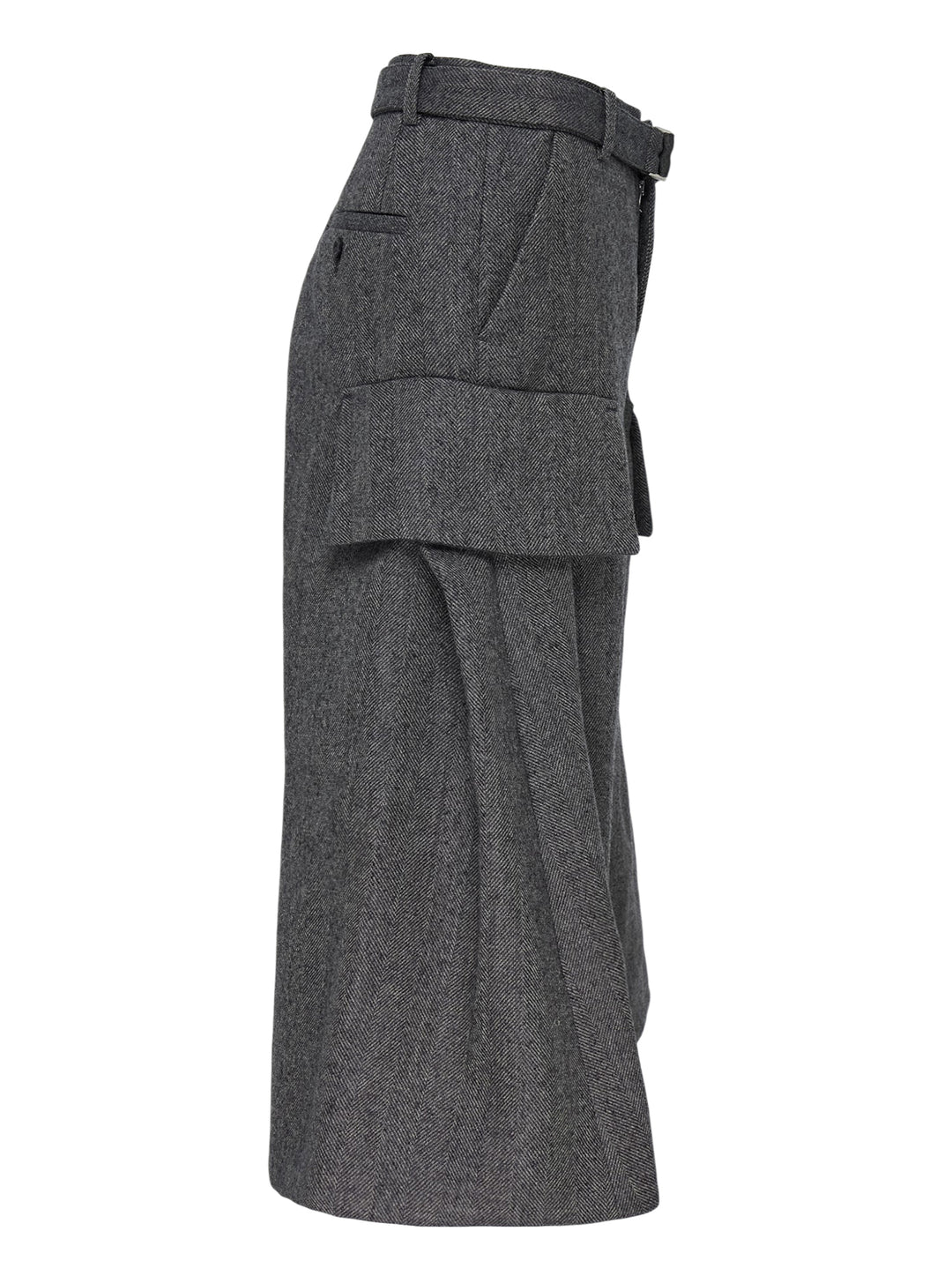 sacai Double-Faced Herringbone Midi Skirt in charcoal grey, featuring voluminous pleats, dual cargo patch pockets, and a black leather adjustable belt at the waist - view 3