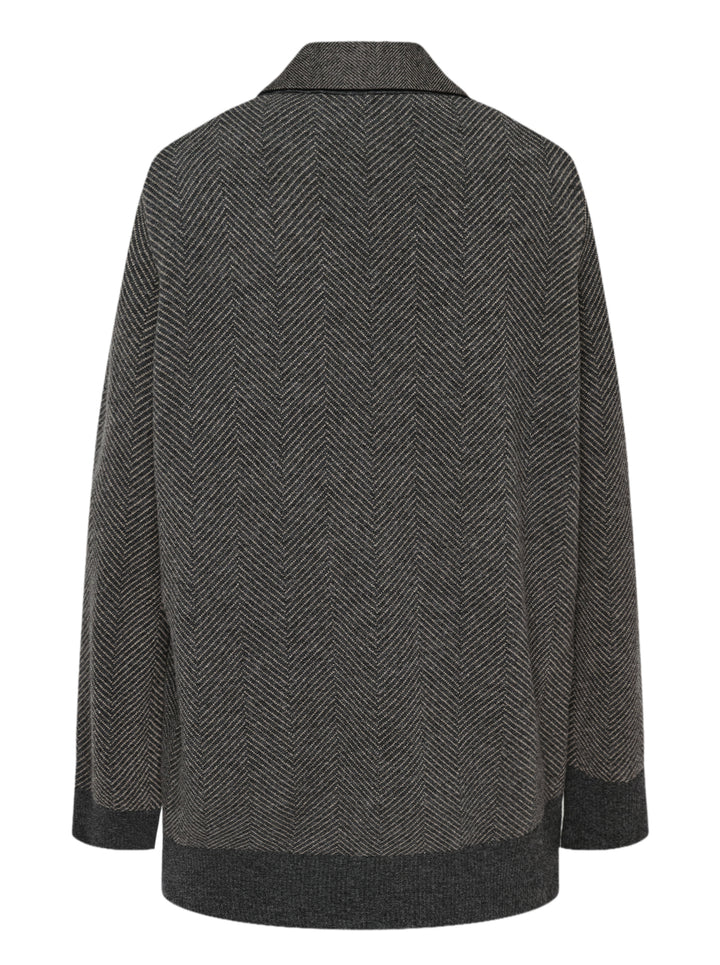 sacai double-faced herringbone blazer coat in mixed grey tones, featuring patchwork herringbone panels, double-breasted button fastening, wide notch lapels, and contrast charcoal trim at the hem and cuffs - view 2