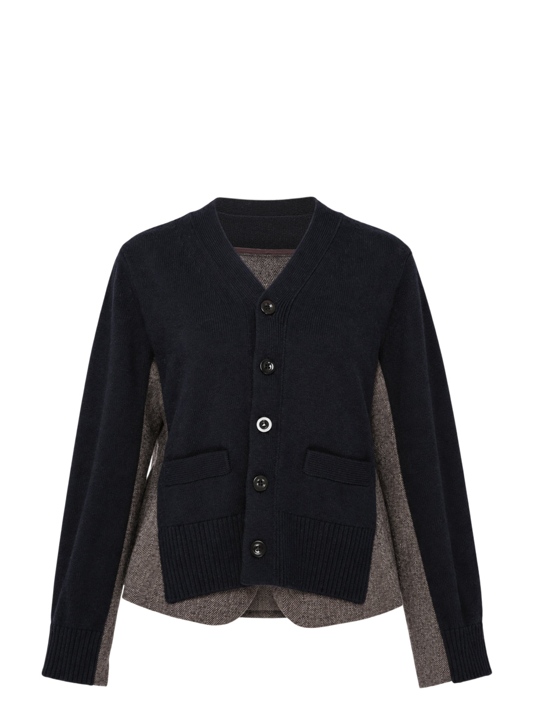 sacai Double-Faced Herringbone Cardigan in navy knit and brown herringbone tweed, shown flat with button-through front and ribbed trim detailing