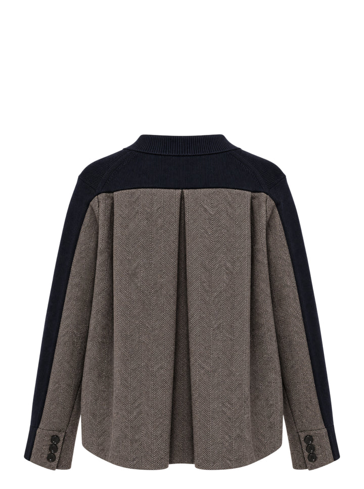 sacai Double-Faced Herringbone Cardigan in navy knit and brown herringbone tweed, shown flat with button-through front and ribbed trim detailing - view 2
