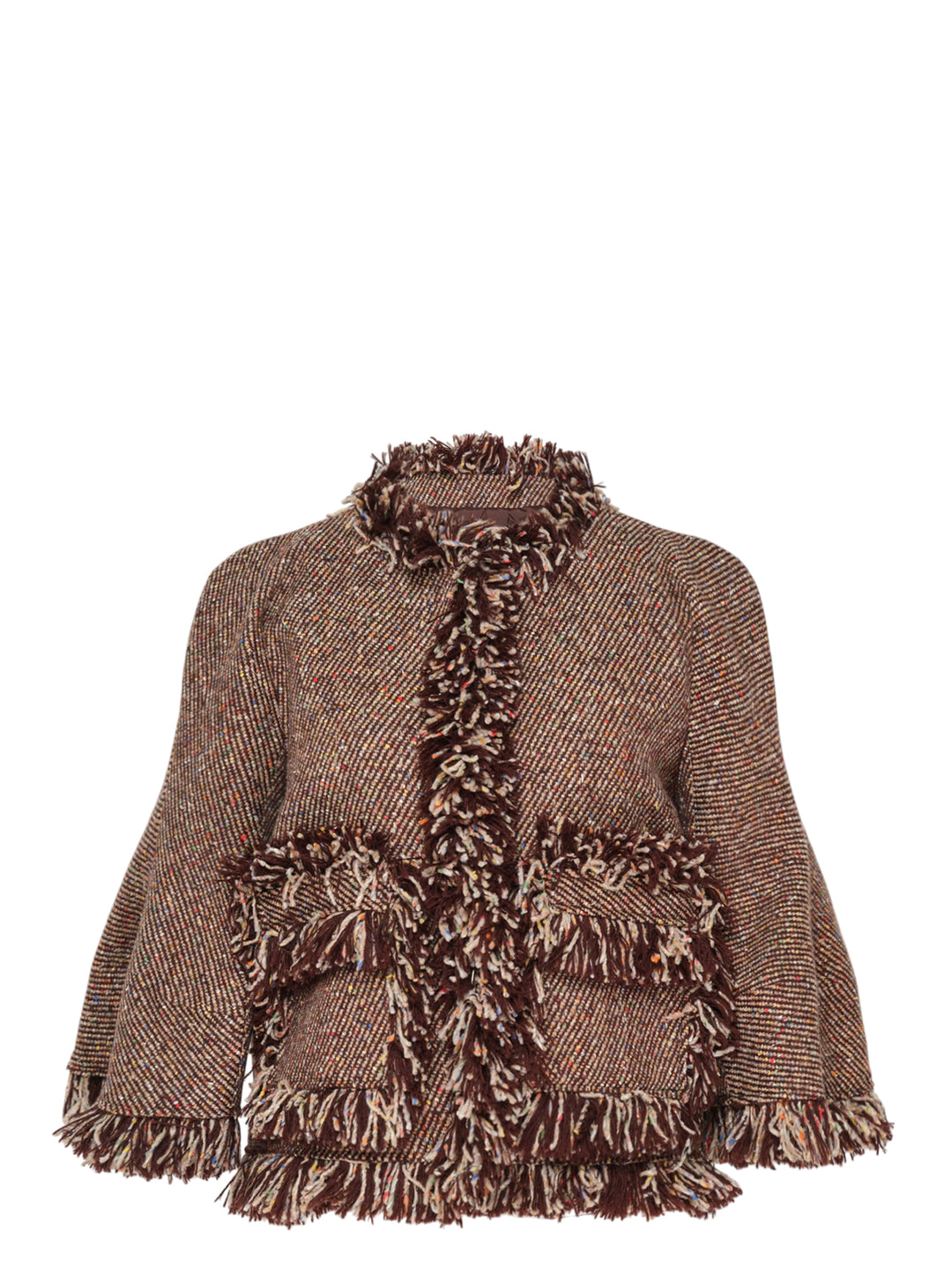 sacai Nep Tweed Jacket in brown multicolour fleck tweed with abundant looped fringe trim at collar, front placket, patch pockets, cuffs, and hem, displayed flat on a white background