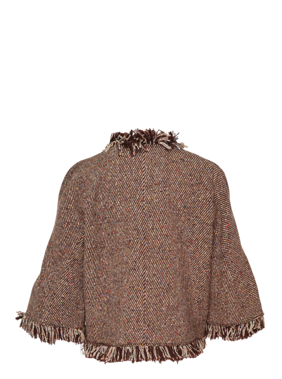 sacai Nep Tweed Jacket in brown multicolour fleck tweed with abundant looped fringe trim at collar, front placket, patch pockets, cuffs, and hem, displayed flat on a white background - view 2